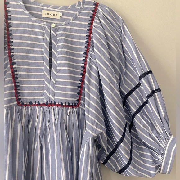 RHODE Jaques Dress Yacht Stripe Cotton Puff Sleeve Babydoll Size XS Retail $445